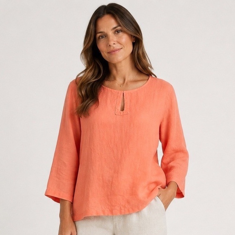 Click by Color Me Cotton Top Large Coral Linen Keyhole 3/4 Sleeve Blouse Beach